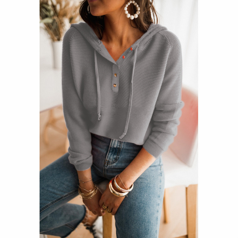 Haut à capuche tricot manches longues bouton col V - Chic&Shines