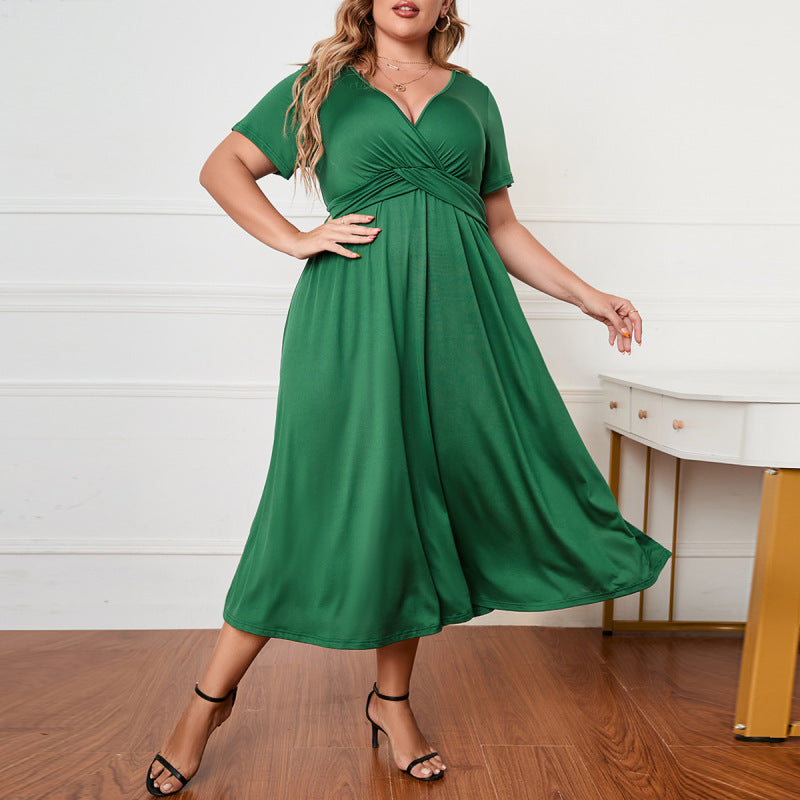 Robe longue fluide femme col en V manches courtes