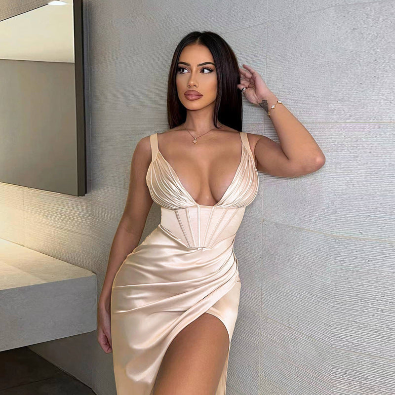 Robe longue avec fente latéral à bretelle col v - Chic&Shines