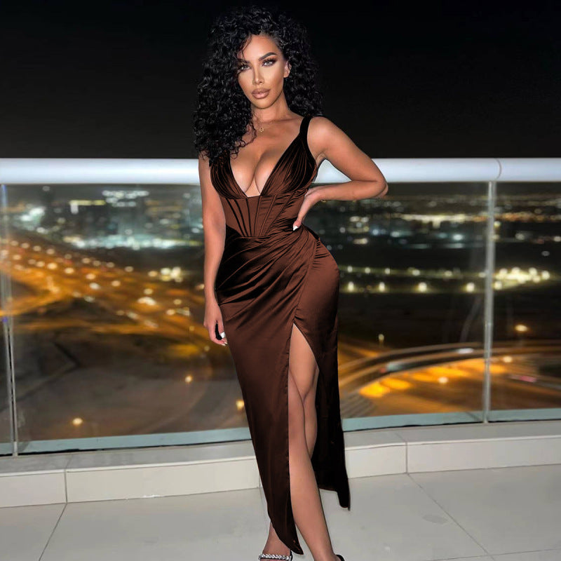 Robe longue avec fente latéral à bretelle col v - Chic&Shines