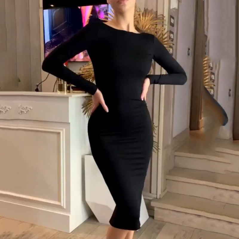 Robe mi longue moulante à manches longues fermeture éclaire centrale - Chic&Shines