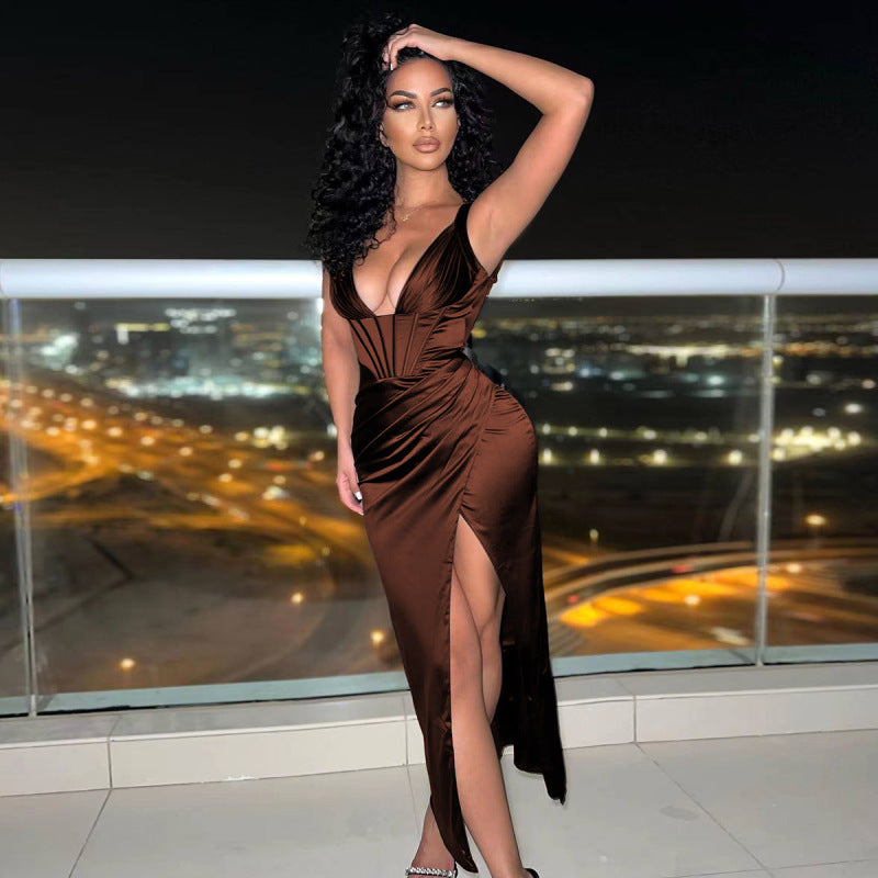 Robe longue avec fente latéral à bretelle col v - Chic&Shines