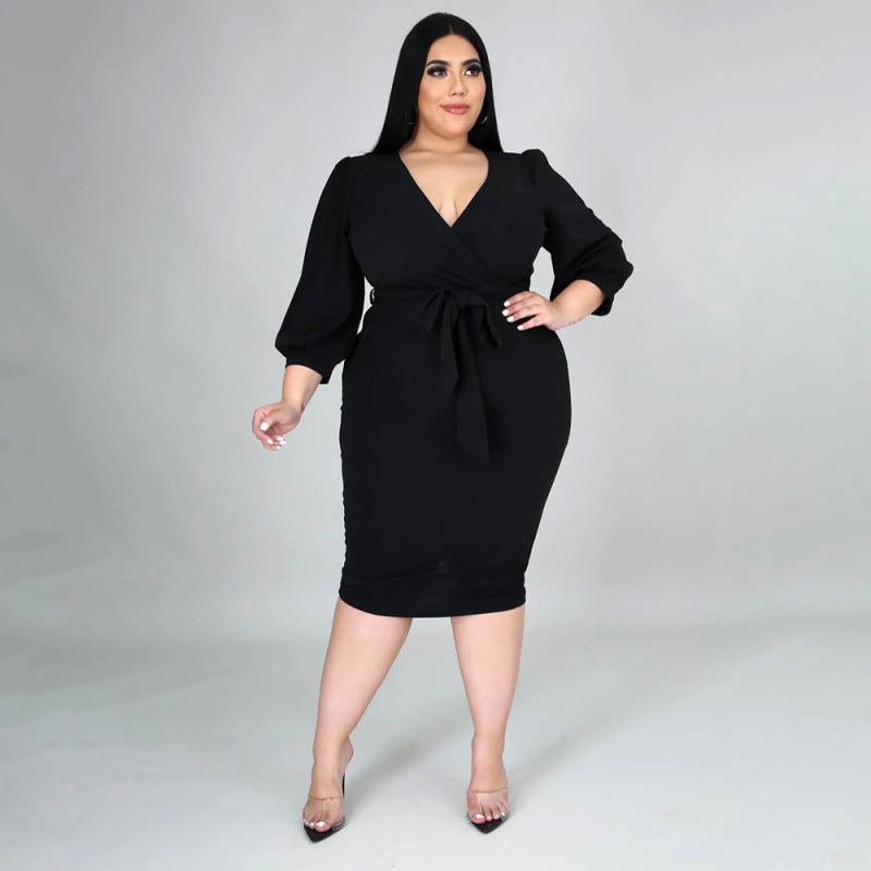 Robe longue col V manches mi-longues avec ceinture - Chic&Shines