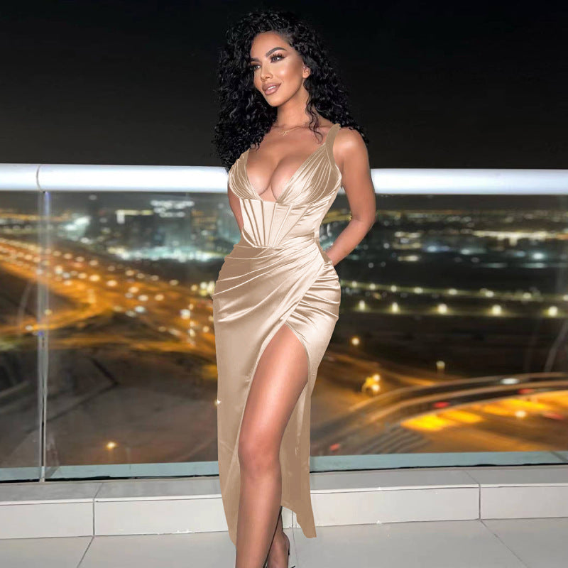 Robe longue avec fente latéral à bretelle col v - Chic&Shines
