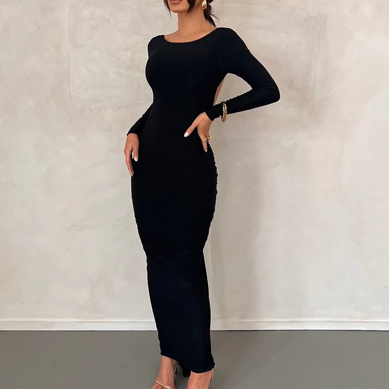Robe longue de soirée dos nu manches longues taille haute - Chic&Shines