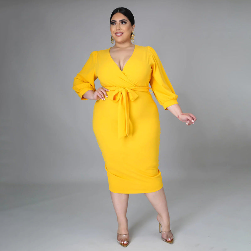 Robe longue col V manches mi-longues avec ceinture - Chic&Shines