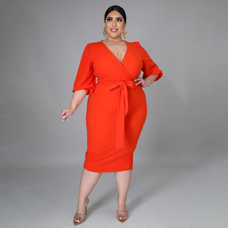 Robe longue col V manches mi-longues avec ceinture - Chic&Shines