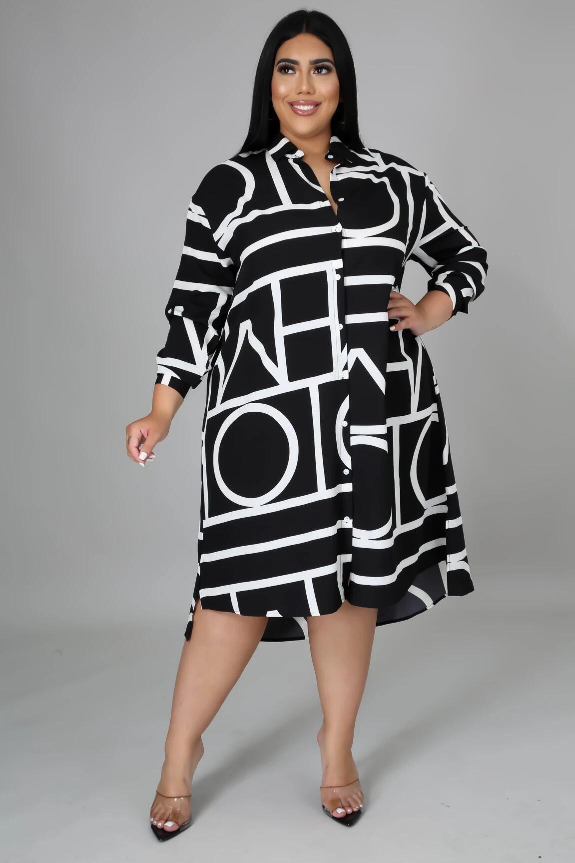 Robe chemise ample mi-longue à manches longues et imprimé - Chic&Shines
