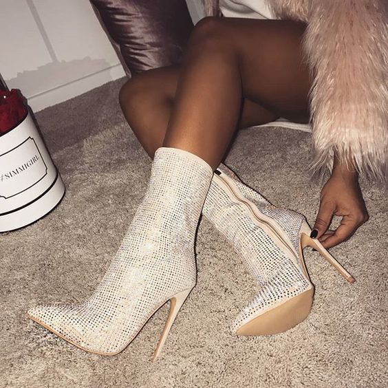Bottes daim talon haut en strass à fermeture éclair latérale - Chic&Shines