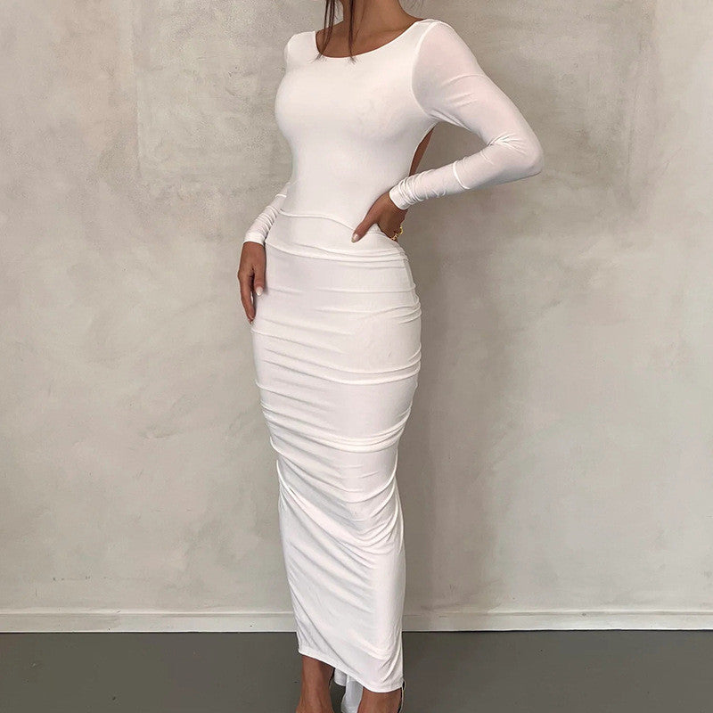 Robe longue de soirée dos nu manches longues taille haute - Chic&Shines