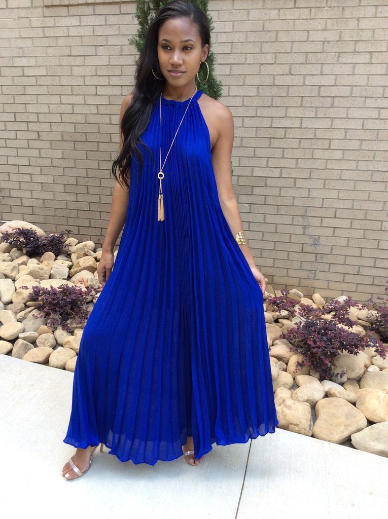 Robe longue plissée mousseline col licou sans manches - Chic&Shines