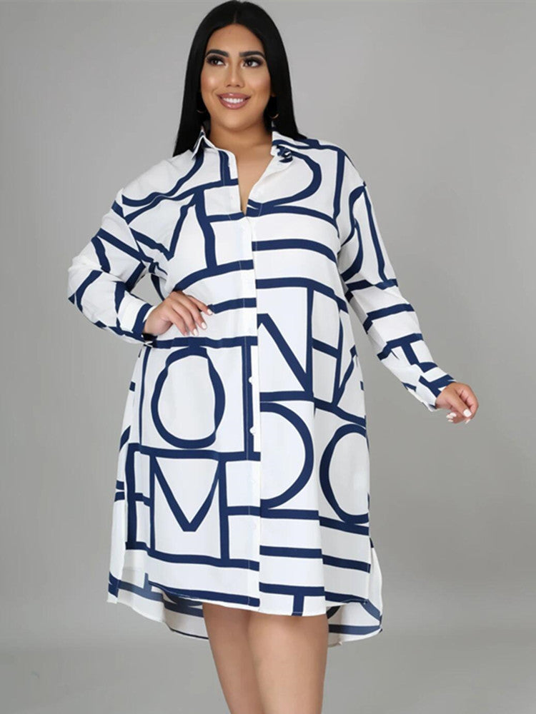Robe chemise ample mi-longue à manches longues et imprimé - Chic&Shines