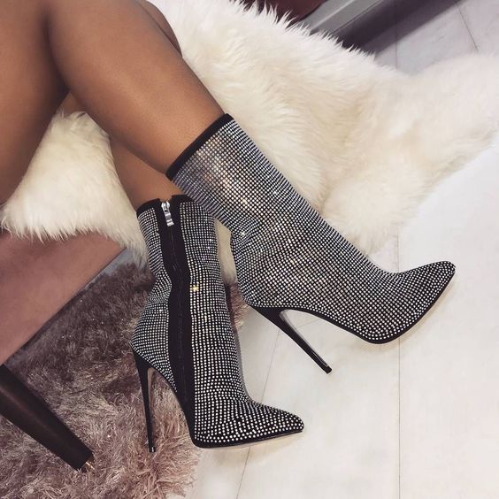 Bottes daim talon haut en strass à fermeture éclair latérale - Chic&Shines