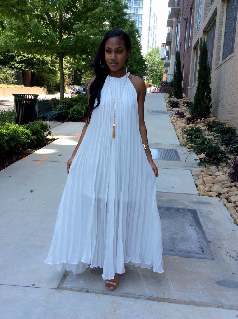 Robe longue plissée mousseline col licou sans manches - Chic&Shines