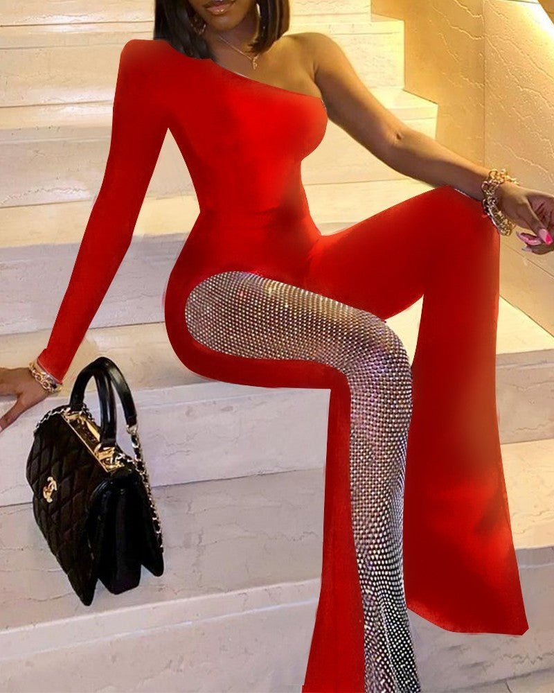 Combinaison pantalon à sequins une épaule manche longue - Chic&Shines