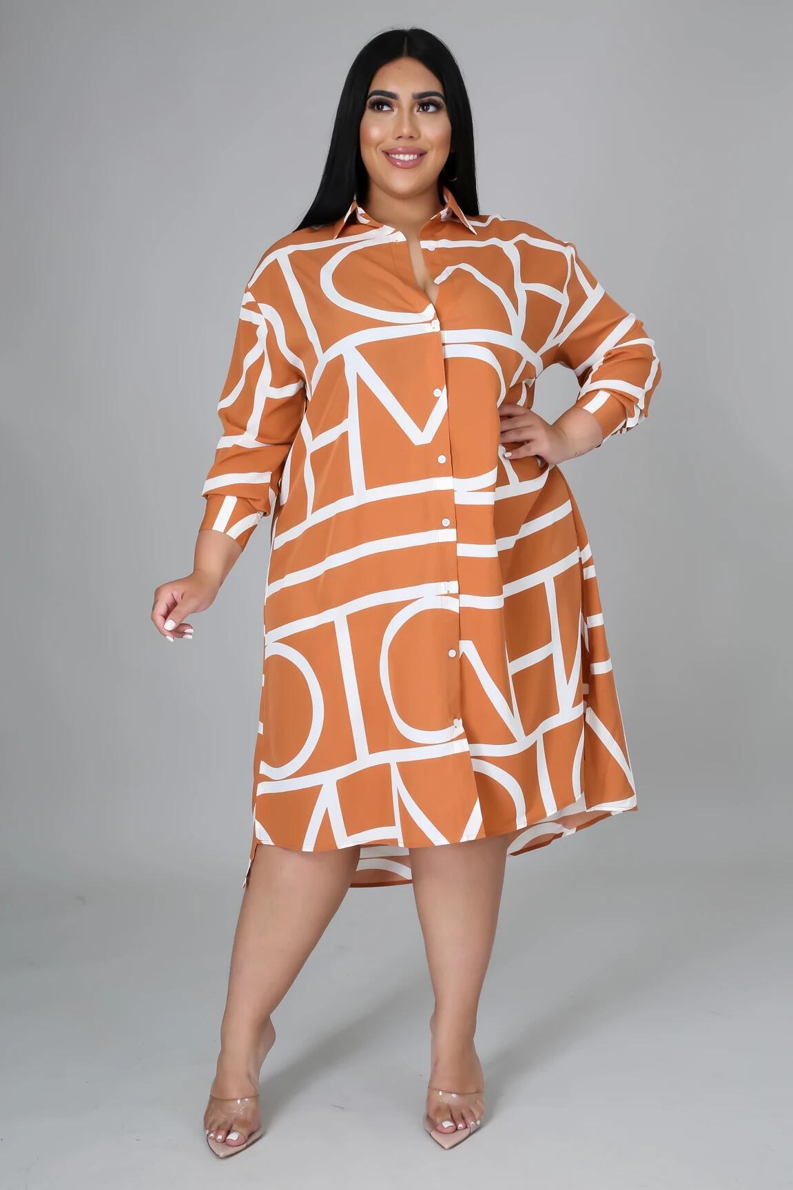 Robe chemise ample mi-longue à manches longues et imprimé - Chic&Shines
