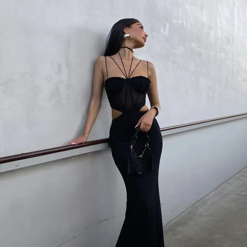 Robe longue dos nu à fente creuse en maille transparente