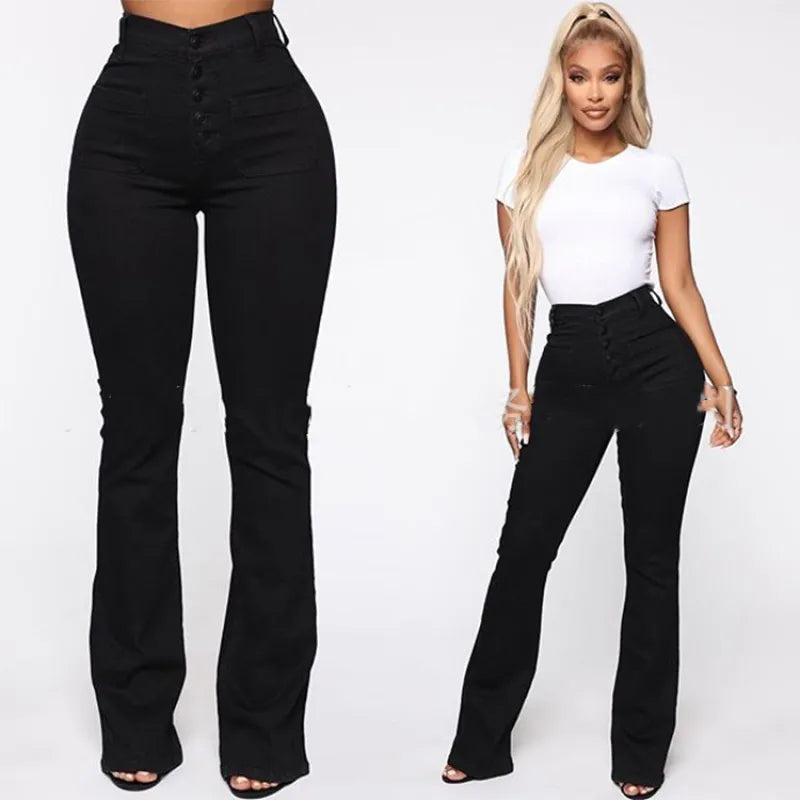 Jeans slim taille haute à bouton et bas évasé