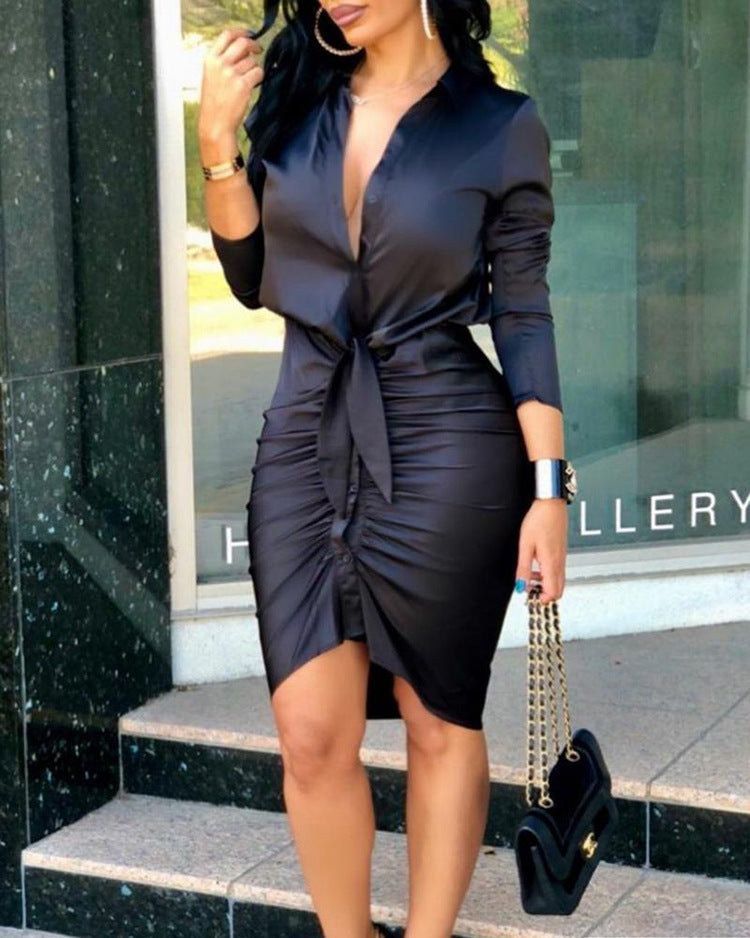 Robe chemise mi-longue à lacets et manches longues élégante