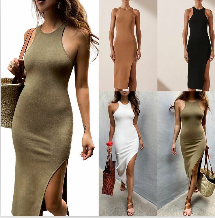 Robe longue moulante fendue sans manches