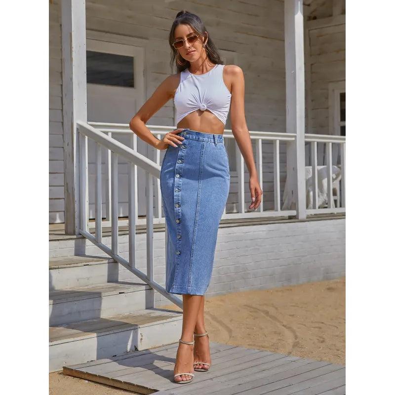 Jupe longue jean à bouton - Chic&Shines