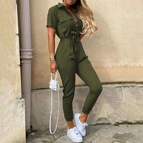 Combinaison pantalon manche court à bouton avec ceinture