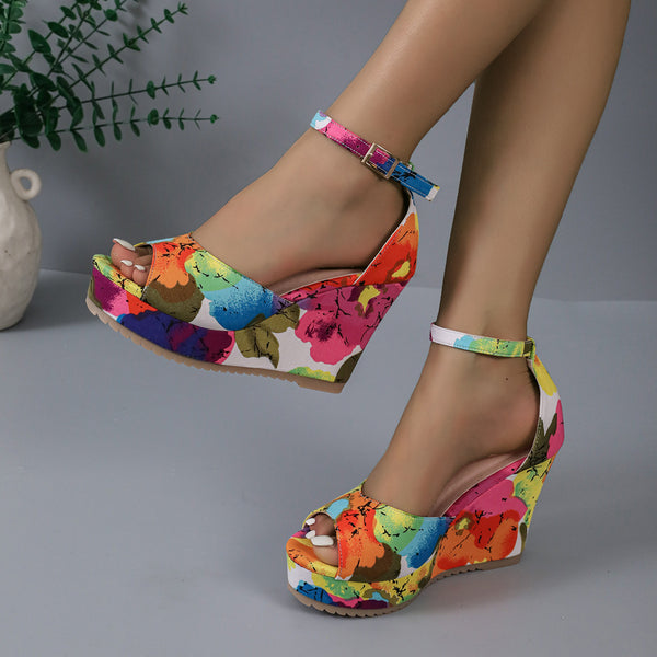 Chaussure compensée à bout ouvert multicolore