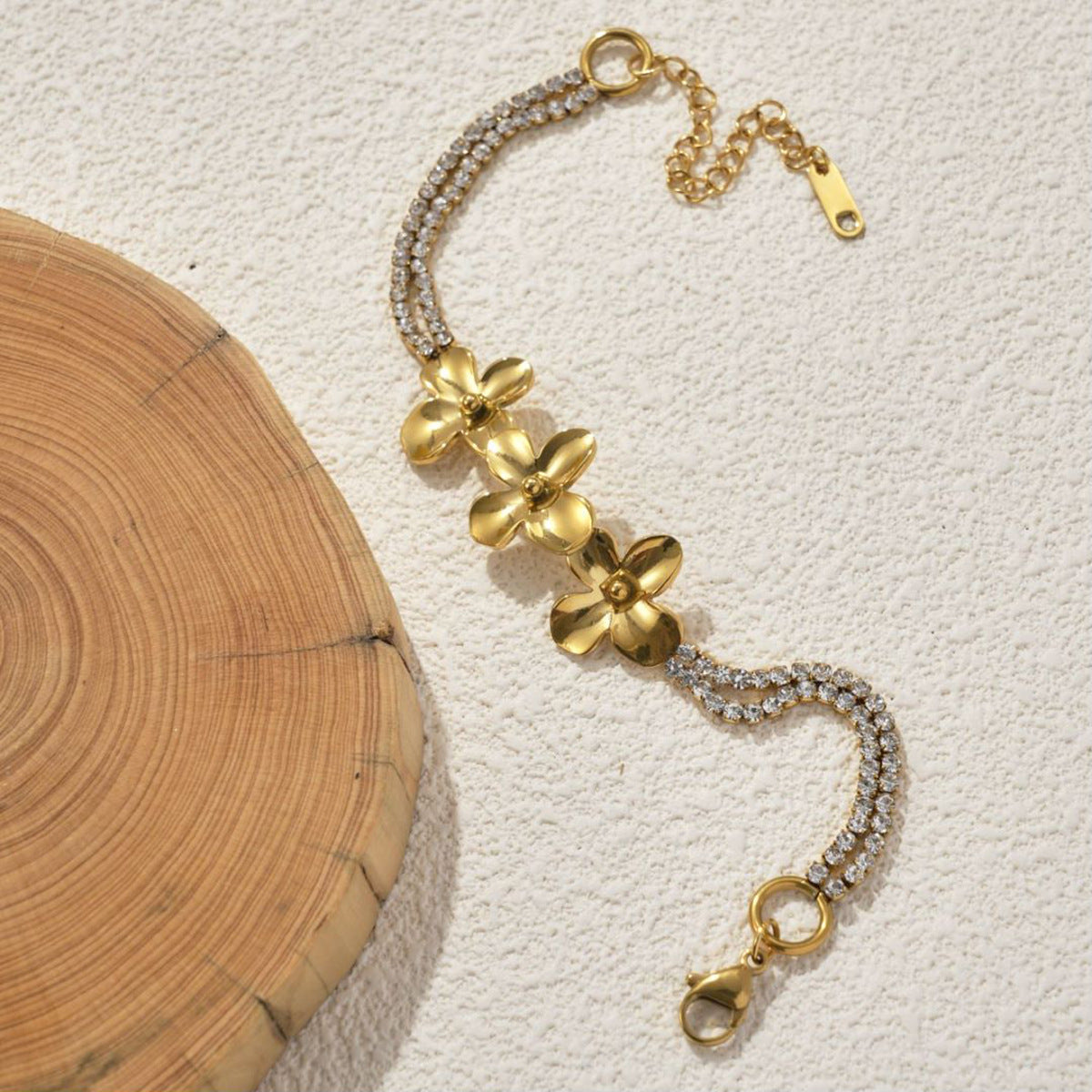 Bracelet fleur et strass en acier inoxydable