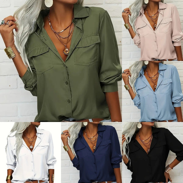 Chemise col V manches longues en mousseline de soie