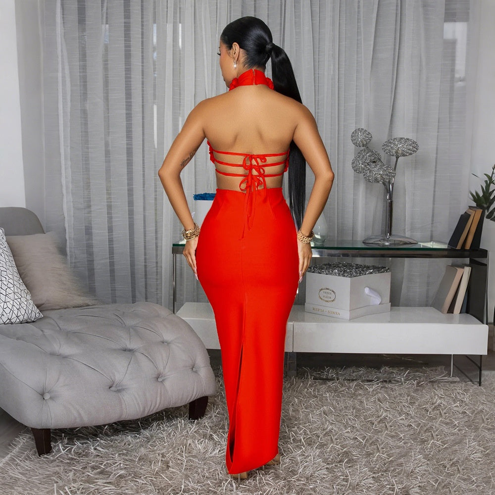 Robe longue de soirée licou dos nu déco fleurs sexy - Chic&Shines