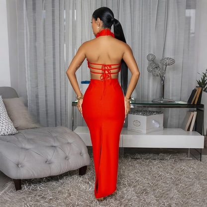 Robe longue de soirée licou dos nu déco fleurs sexy - Chic&Shines