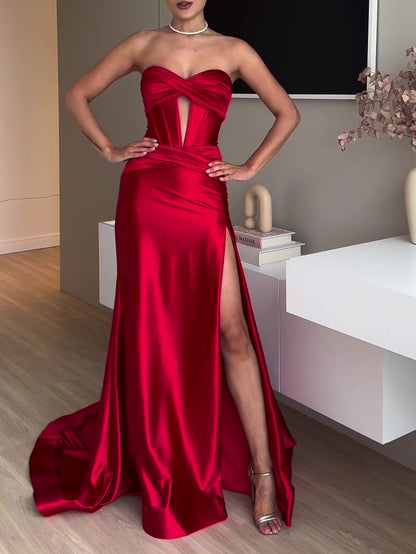 Robe de soirée extra longue rouge fendue haut tube - Chic&Shines