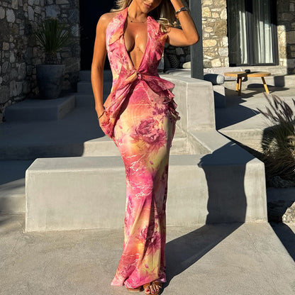 Robe longue décolleté licou dos nu à imprimé - Chic&Shines