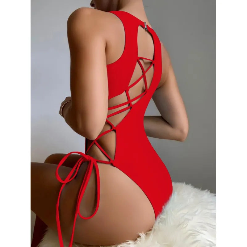 Irregular Lace Up Back Halter One Piece Swimsuit