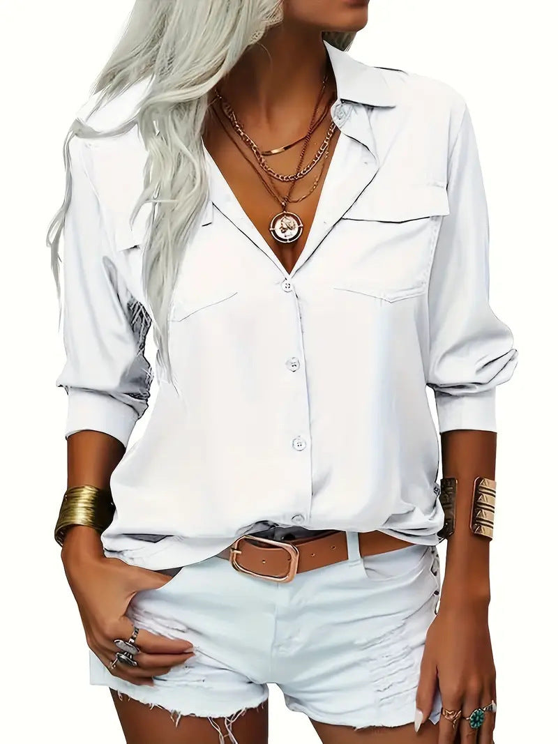 Chemise col V manches longues en mousseline de soie