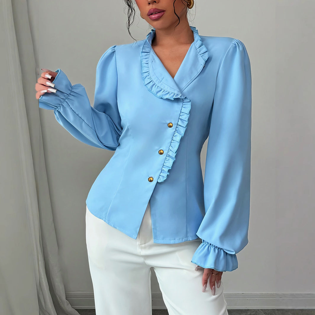 Chemisier élégant à manches longues et col boutonné asymétrique
