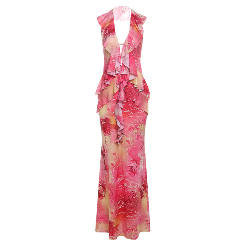 Robe longue décolleté licou dos nu à imprimé