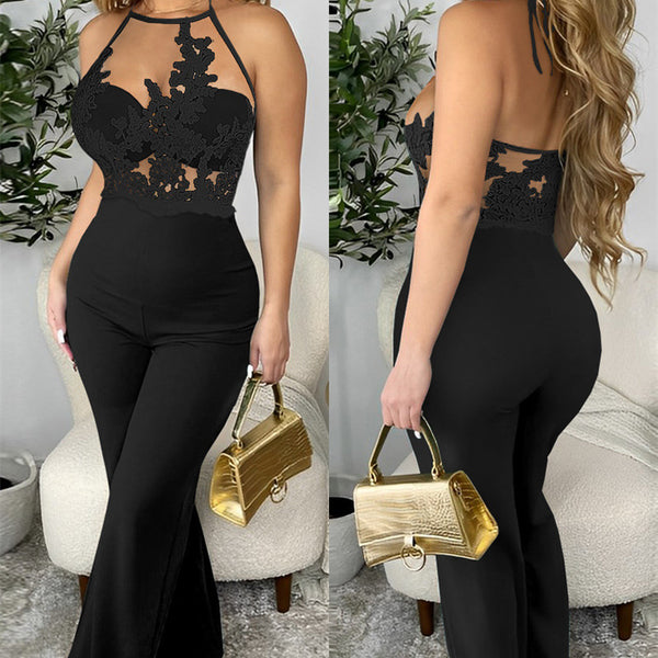 Combinaison pantalon moulant licou maille transparent