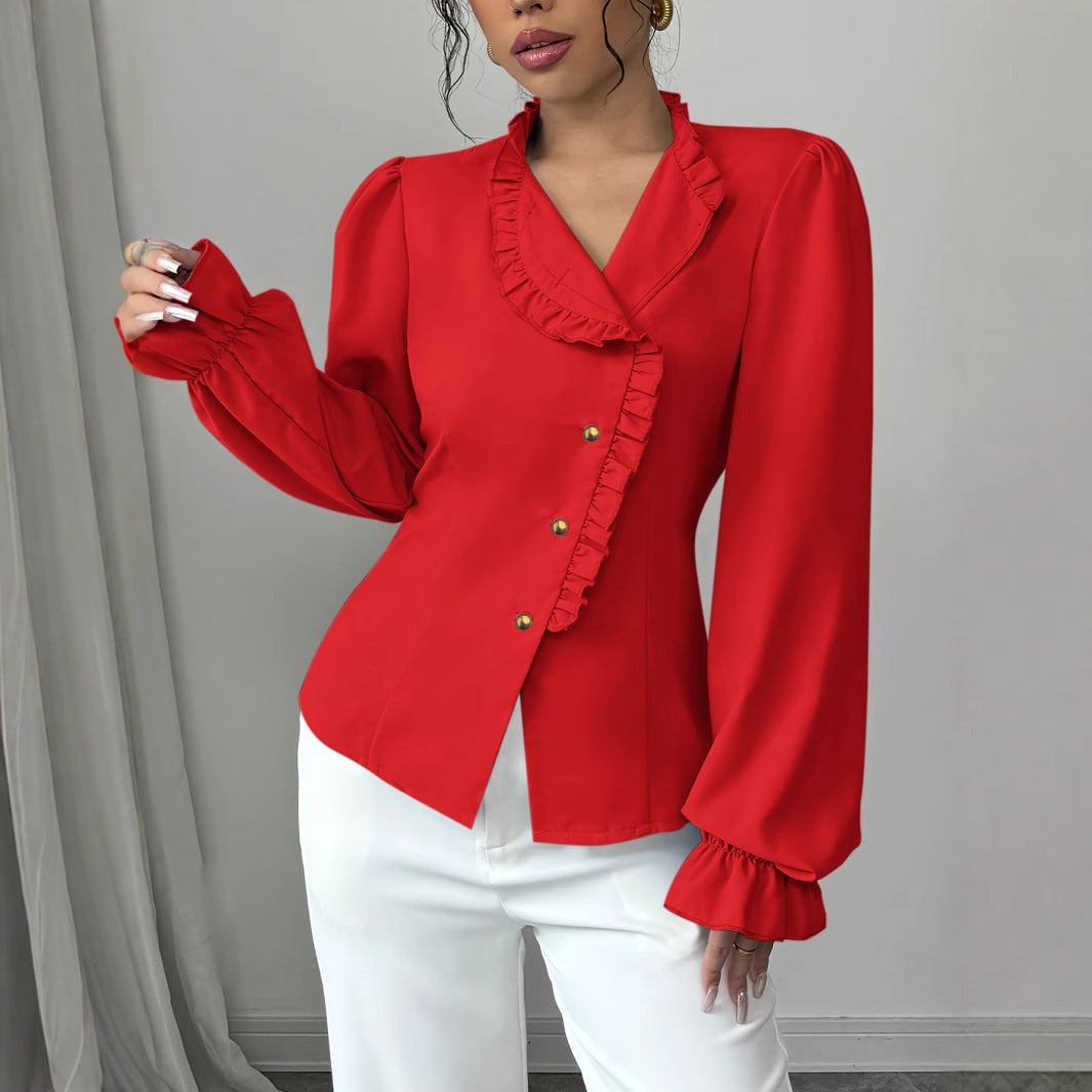 Chemisier élégant à manches longues et col boutonné asymétrique