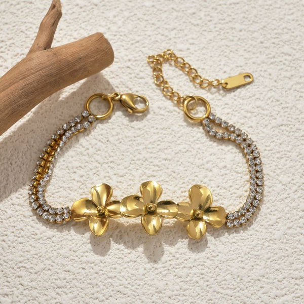 Bracelet fleur et strass en acier inoxydable
