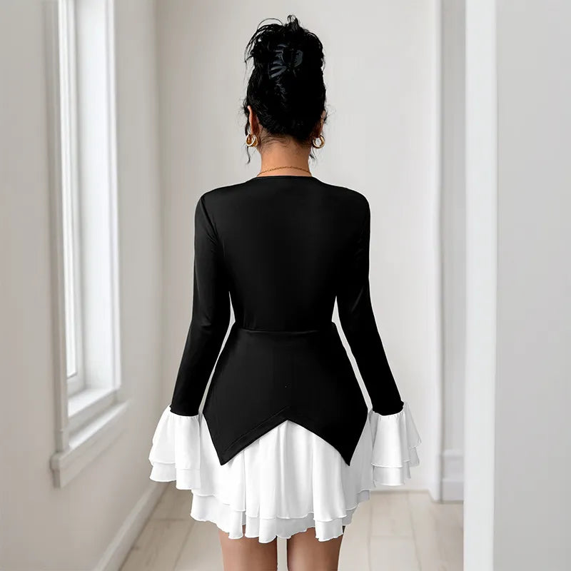 Robe chemise bicolore manches longues décolleté