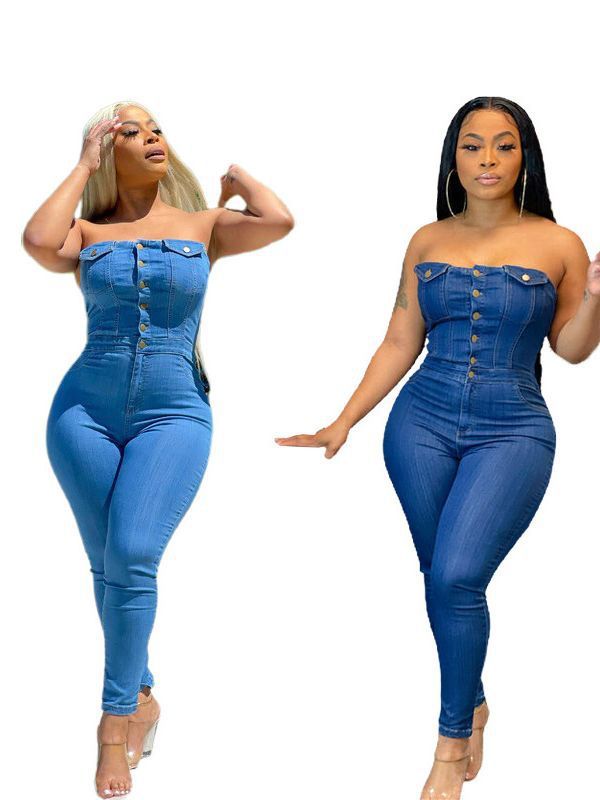 Combinaison en jean slim à épaules dénudées et haut tube - Chic&Shines