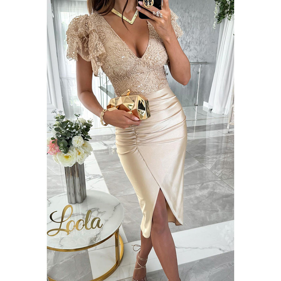 Robe courte fendue décolleté manches courtes de soirée - Chic&Shines