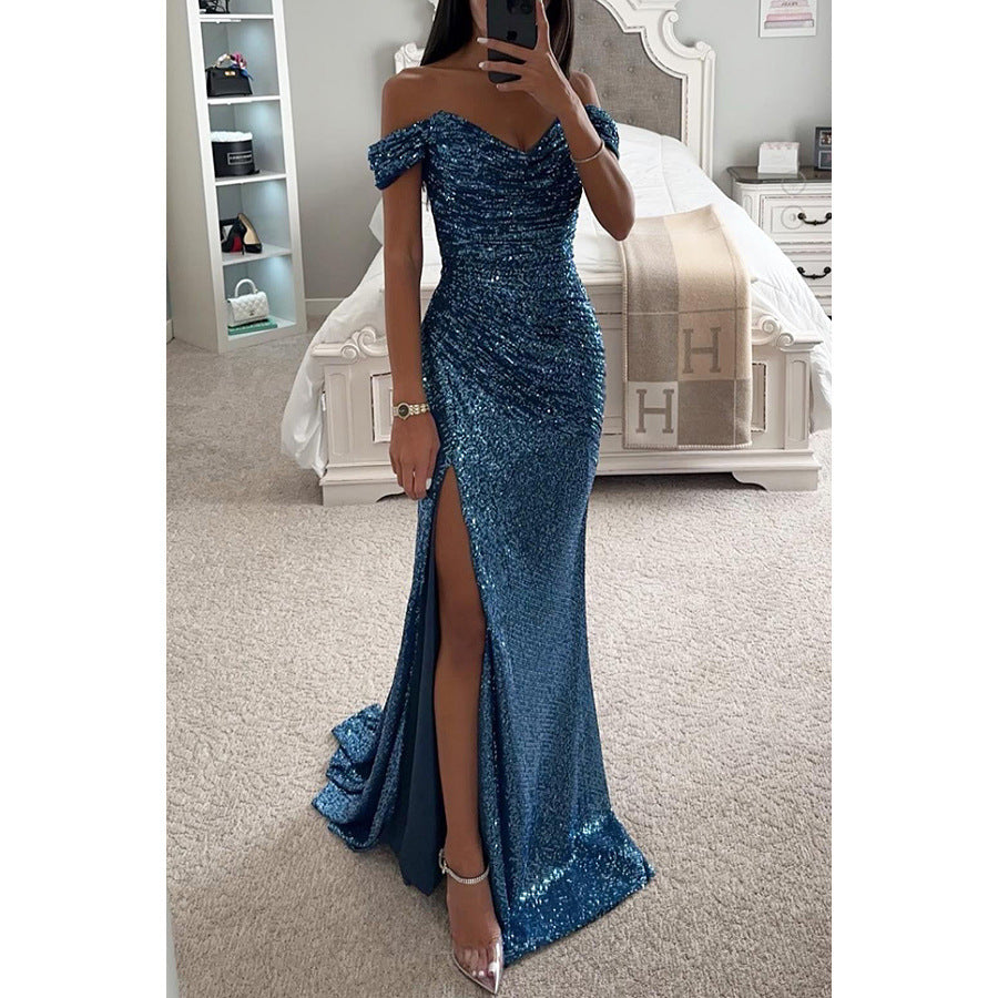 Robe longue de soirée fendue à paillettes et col dénudé