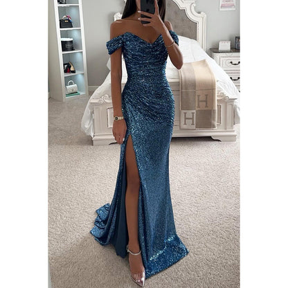 Robe longue de soirée fendue à paillettes et col dénudé