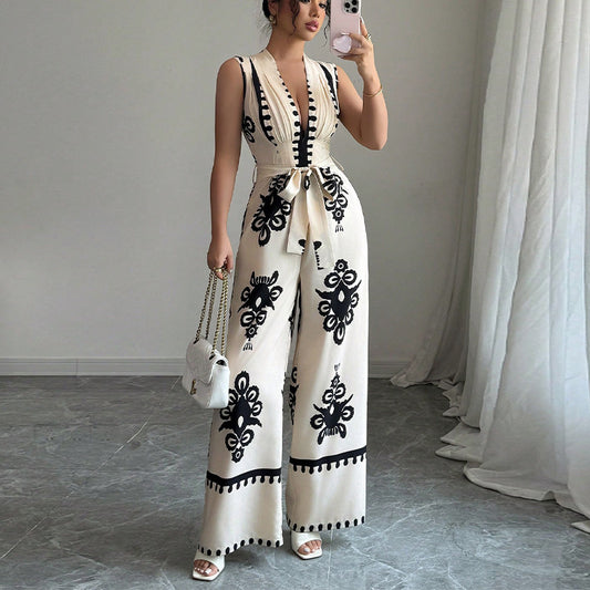 High-waisted, sleeveless jumpsuit with a plunging neckline