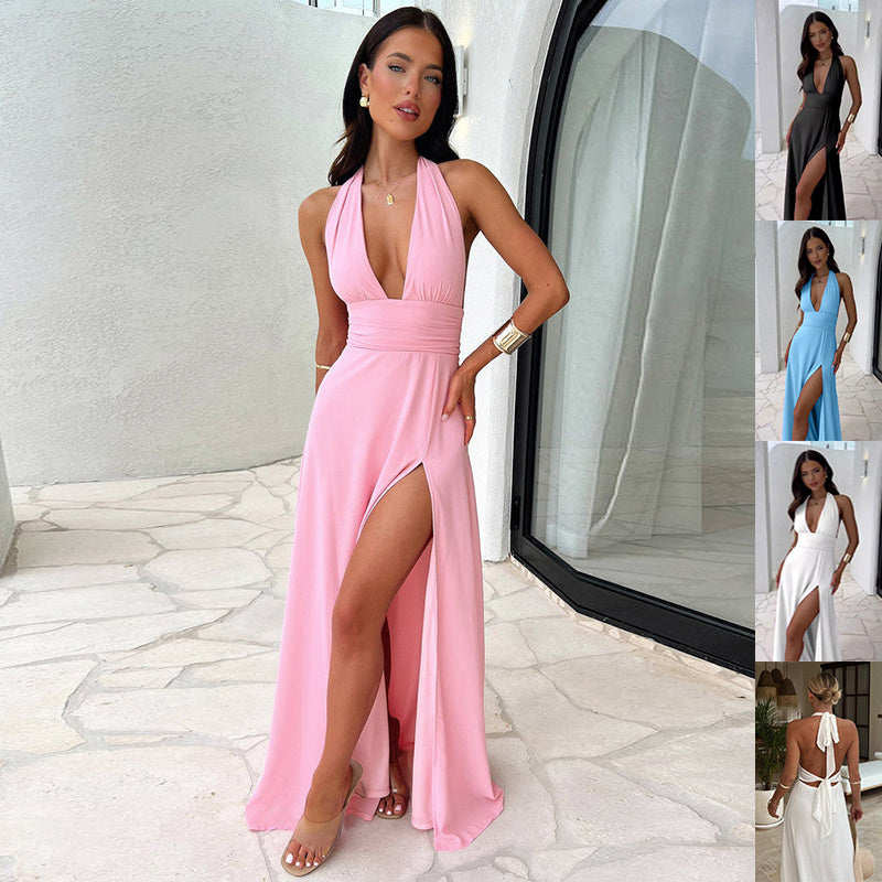 Robe sexy dos nu fendue à col en V