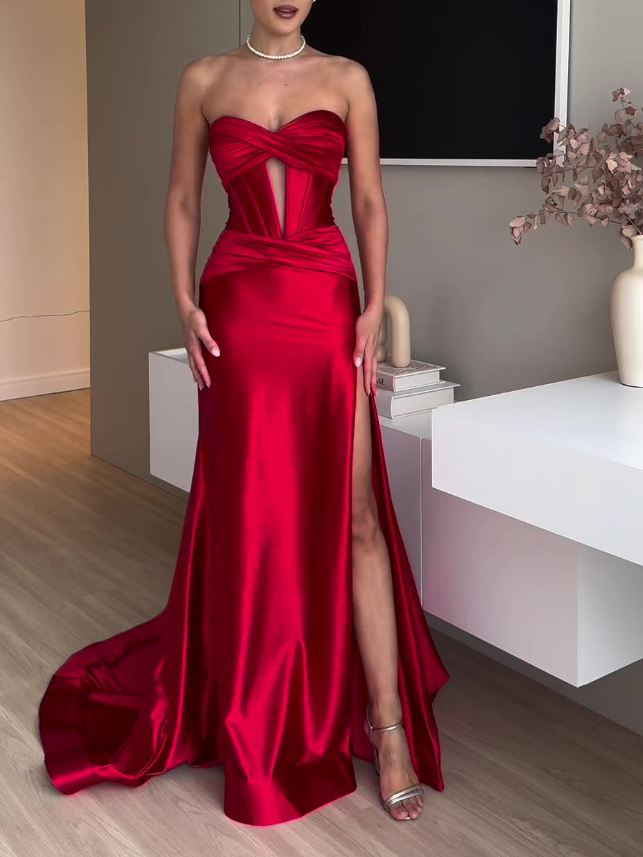 Robe de soirée extra longue rouge fendue haut tube
