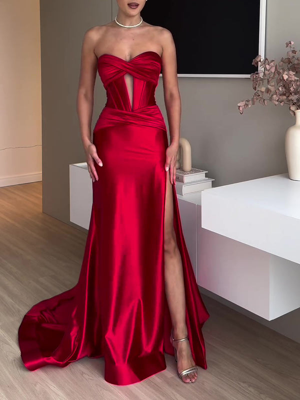 Robe de soirée extra longue rouge fendue haut tube