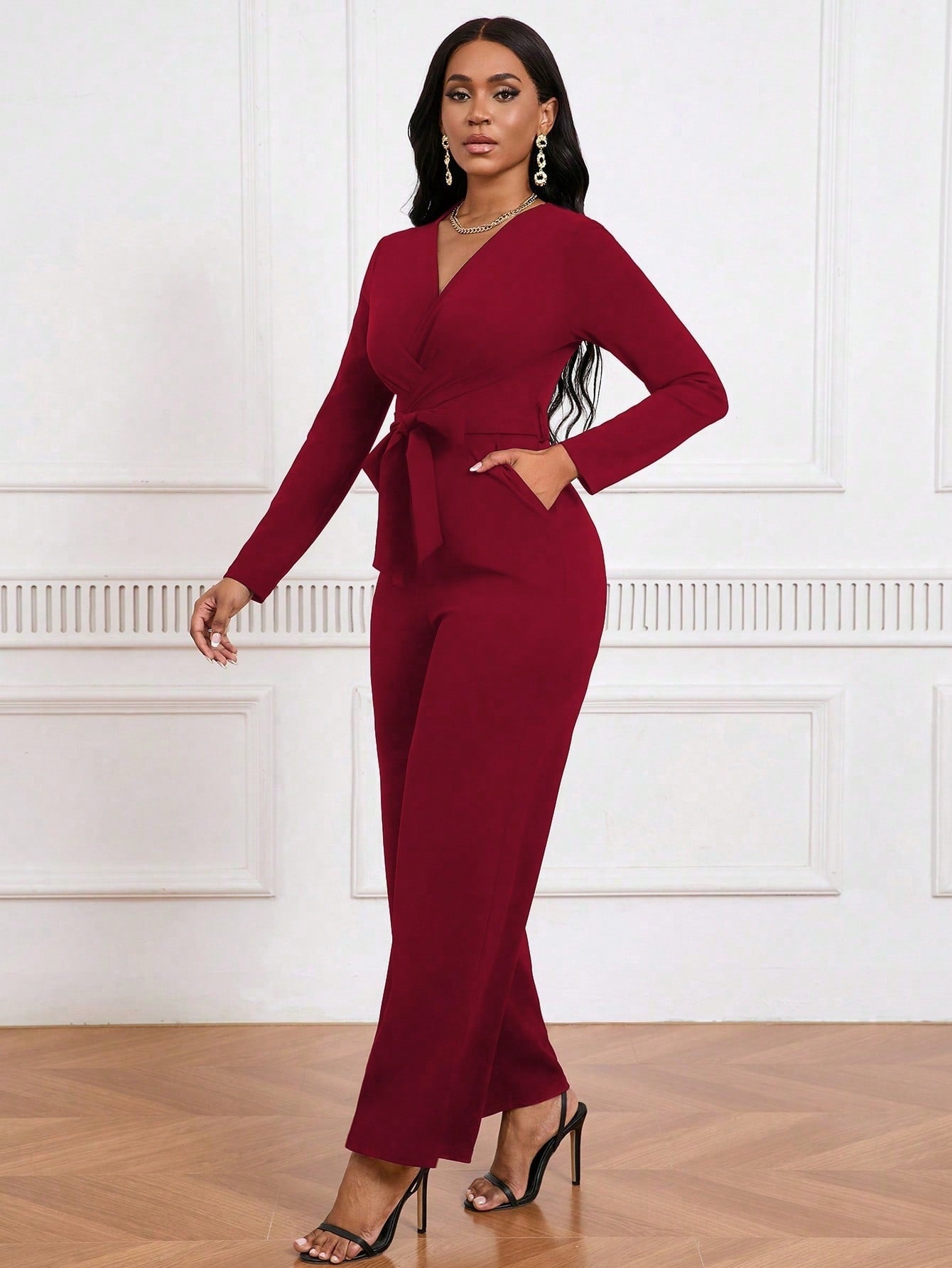 Combinaison pantalon col V manches longues